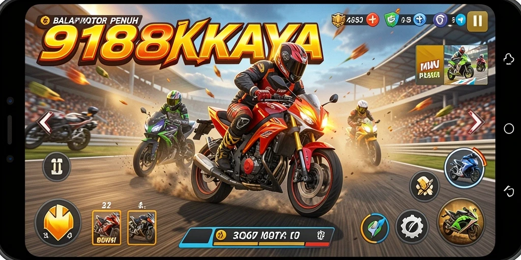 Screenshot gameplay 918KAYA menunjukkan aksi balap motor yang mendebarkan.
