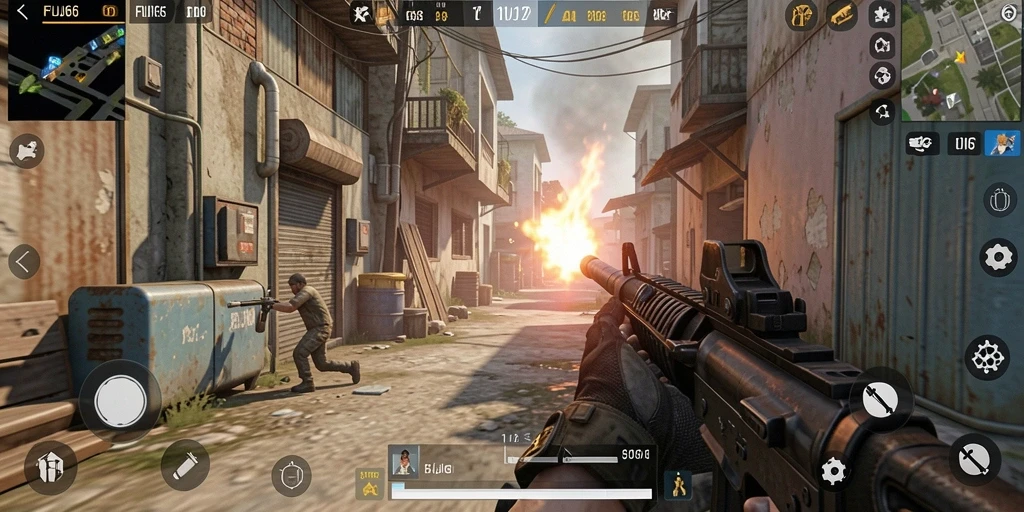 Screenshot gameplay intens dari FUJI66 dengan aksi tembak-menembak.