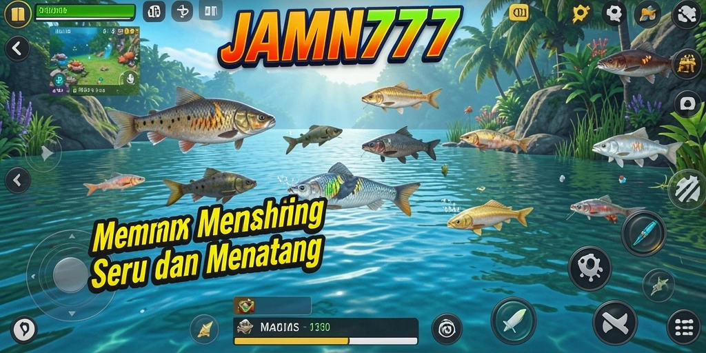 Tampilan gameplay JAMIN777 dengan beragam ikan menarik dan lokasi memancing.