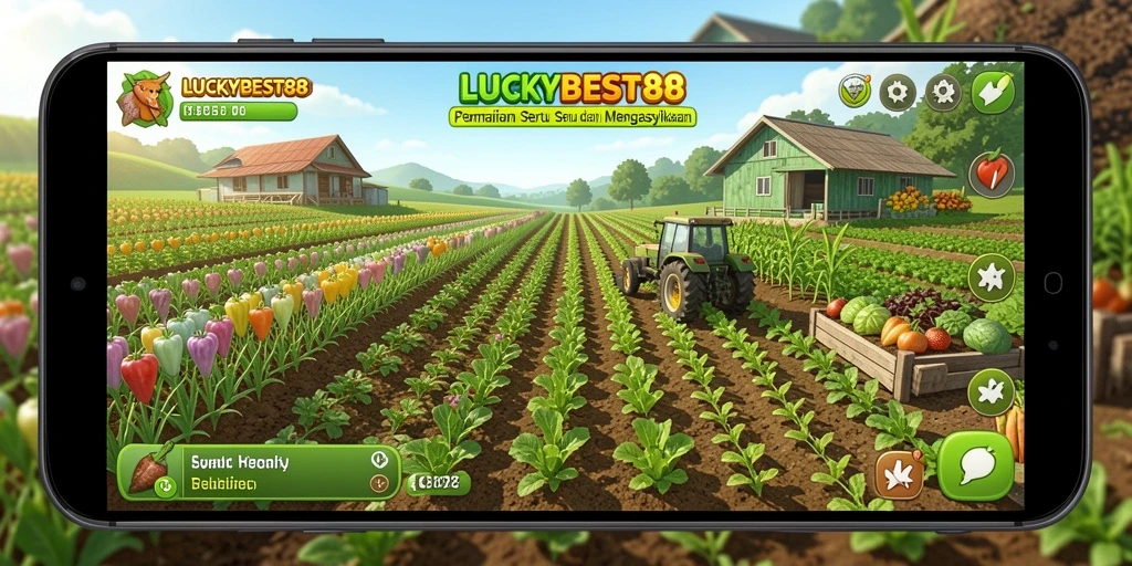 Tampilan gameplay menarik di LUCKYBEST88 dengan ladang subur dan aktifitas bertani.