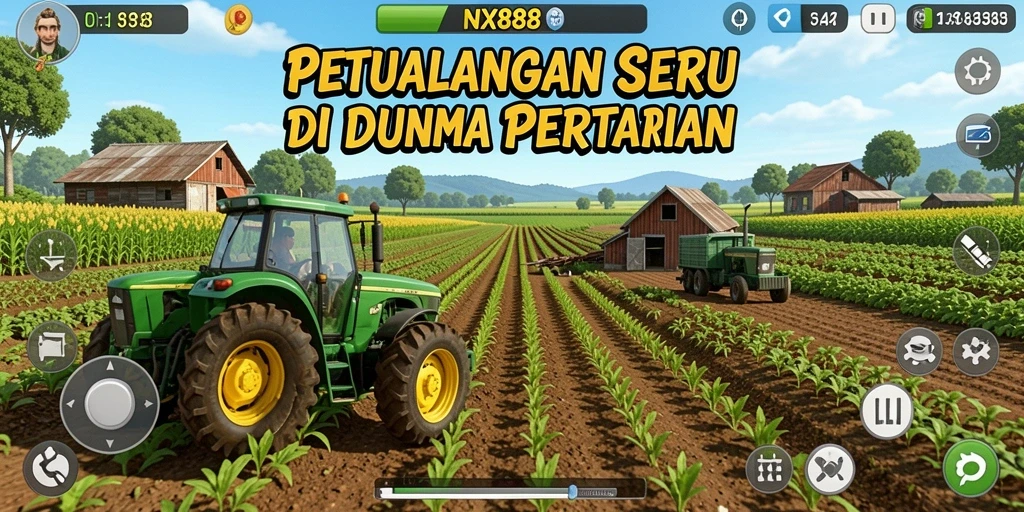 Screenshot gameplay NX888 menunjukkan aktivitas bertani yang seru dan interaktif.