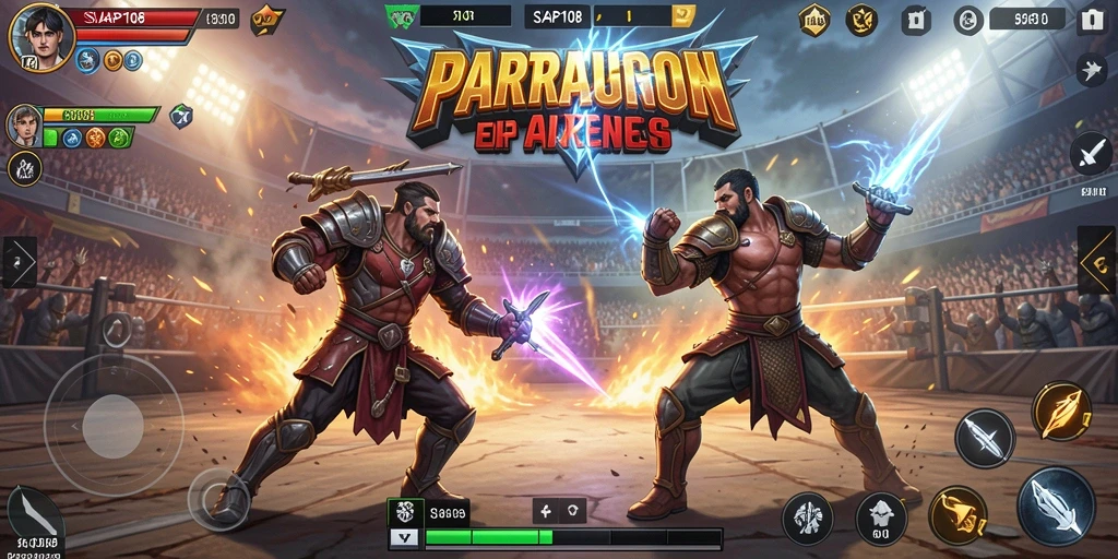 Tampak seru, menunjukkan karakter bertarung di arena.